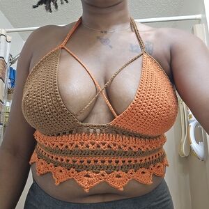 Orange/Brw, Luna Handmade, Crochet Crop Top/Scrunchie Set, C Cup, Large, #Summer
